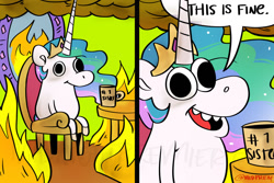 Size: 1024x683 | Tagged: safe, artist:midnightpremiere, imported from derpibooru, princess celestia, alicorn, pony, coffee mug, fire, meme, mug, ponified meme, solo, style emulation, this is fine, watermark