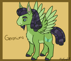 Size: 1750x1500 | Tagged: safe, artist:misskanabelle, imported from derpibooru, geronimo, pegasus, pony, beard, chest fluff, facial hair, male, signature, stallion, story included, two toned wings, unshorn fetlocks, wings