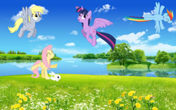 Size: 717x448 | Tagged: safe, artist:rubimlp6, imported from derpibooru, angel bunny, derpy hooves, fluttershy, rainbow dash, twilight sparkle, alicorn, pegasus, pony, rabbit, animal, female, flying, mare, outdoors, twilight sparkle (alicorn)