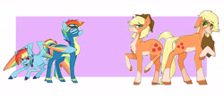 Size: 6500x2800 | Tagged: safe, artist:rubimlp6, imported from derpibooru, applejack, rainbow dash, earth pony, pegasus, pony, abstract background, chest fluff, clothes, female, goggles, hat, mare, raised hoof, redesign, uniform, wings, wonderbolts uniform