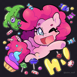 Size: 1000x1000 | Tagged: safe, alternate version, artist:talimingi, imported from derpibooru, gummy, pinkie pie, alicorn, earth pony, pony, blushing, digital art, female, hooves, mare, no tail, one eye closed, open mouth, simple background, thighs, transparent background