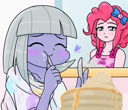 Size: 740x640 | Tagged: safe, artist:batipin, imported from derpibooru, limestone pie, pinkie pie, equestria girls, blushing, cute, duo, eating, equestria girls-ified, eyes closed, female, food, limabetes, pancakes, smiling, when she smiles