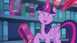 Size: 1280x720 | Tagged: safe, imported from derpibooru, screencap, twilight sparkle, alicorn, pony, season 6, the fault in our cutie marks, ^^, book, cute, dhx is trying to murder us, eyes closed, female, magic, magic aura, mare, open mouth, smiling, solo, telekinesis, that pony sure does love books, twiabetes, twilight sparkle (alicorn), twilight's castle, weapons-grade cute