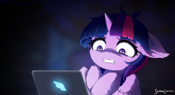 Size: 2750x1500 | Tagged: safe, artist:symbianl, imported from derpibooru, twilight sparkle, alicorn, pony, cheek fluff, computer, crying, ear fluff, floppy ears, laptop computer, leg fluff, mentally scarred, scared, solo, tears of fear, teary eyes, this will end in therapy, trauma, traumatized, twilight sparkle (alicorn), wing fluff