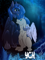 Size: 3000x4000 | Tagged: safe, artist:stirren, imported from derpibooru, princess luna, oc, alicorn, pony, commission, couple, forest, night, sitting, your character here
