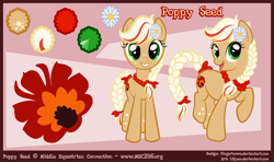 Size: 1520x900 | Tagged: safe, artist:lifyen, imported from derpibooru, oc, oc:poppy seed (mec), oc:thunder wing (mec), earth pony, pony, braid, female, mascot, middle equestrian convention, not applejack, reference sheet, solo