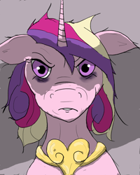 Size: 1168x1462 | Tagged: safe, artist:alderab, artist:chibiscuit-of-efrafa, color edit, edit, imported from derpibooru, princess cadance, alicorn, pony, bust, colored, female, grumpy, portrait, solo, tired