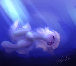 Size: 1280x1116 | Tagged: safe, artist:sylviaproductions, imported from derpibooru, oc, oc only, earth pony, pony, crepuscular rays, digital art, looking up, ocean, purple eyes, signature, slit eyes, slit pupils, solo, sunlight, underwater, water