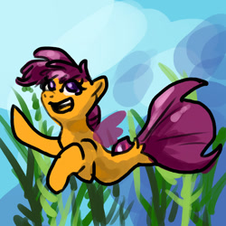 Size: 1280x1280 | Tagged: safe, artist:flurryheart04, imported from derpibooru, scootaloo, pegasus, pony, seapony (g4), surf and/or turf, crepuscular rays, dorsal fin, female, fin wings, fish tail, flowing tail, ocean, open mouth, purple eyes, purple mane, seaponified, seapony scootaloo, seaweed, smiling, solo, species swap, sunlight, swimming, tail, teeth, underwater, water, wings