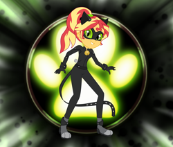 Size: 1884x1600 | Tagged: safe, artist:machakar52, imported from derpibooru, sunset shimmer, equestria girls, adrien agreste, alternate hairstyle, animal costume, bell, bodysuit, boots, cat bell, cat costume, cat ears, cat eyes, cat noir, cat tail, catsuit, chat noir, claw, claws, clothes, cosplay, costume, crossover, female, gloves, hairstyle, looking at you, mask, miraculous ladybug, motorcross, paws, ponytail, shoes, slit eyes, slit pupils, smiling, solo