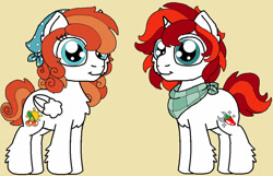 Size: 1024x661 | Tagged: safe, artist:rosefang16, imported from derpibooru, oc, oc only, oc:cherry dawn, oc:chili dusck, pegasus, pony, unicorn, adopted offspring, brother and sister, colt, duo, female, filly, male, offspring, parent:big macintosh, parent:marble pie, parents:marblemac, siblings, simple background, yellow background