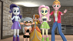 Size: 3840x2160 | Tagged: safe, artist:leansworld, imported from derpibooru, big macintosh, fluttershy, rarity, human, equestria girls, 3d, female, fluttermac, high res, looking at you, male, marie (splatoon), nintendo switch, princess daisy, shipping, source filmmaker, splatoon, straight, super mario bros., waving