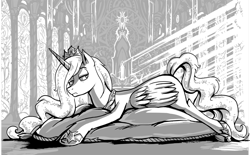 Size: 1380x856 | Tagged: safe, artist:jowyb, artist:jowybean, imported from derpibooru, oc, oc only, alicorn, pony, fanfic:the immortal game, alicorn oc, commission, cushion, duo, fanfic art, grayscale, horn, lying down, male, monochrome, prone, solo, throne room, wings