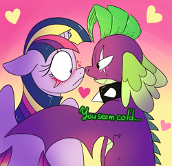 Size: 1667x1615 | Tagged: safe, artist:northernlightsone, imported from derpibooru, spike, twilight sparkle, alicorn, dragon, pony, alternate hairstyle, alternate universe, blushing, boop, broken horn, collar, eye scar, female, heart, horn, hug, looking at each other, male, mare, noseboop, scar, shipping, spiked collar, straight, twilight sparkle (alicorn), twispike, winged spike, winghug, wings