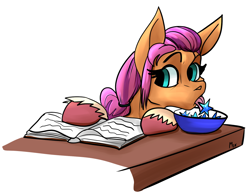 Size: 892x690 | Tagged: safe, artist:mekblue, imported from derpibooru, sunny starscout, pony, book, bowl, cloven hooves, g5, simple background, solo, star fruit, tongue out, unshorn fetlocks