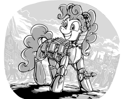 Size: 8940x7341 | Tagged: safe, artist:jowyb, artist:jowybean, imported from derpibooru, pinkie pie, earth pony, pony, fanfic:the immortal game, armor, commission, fanfic art, female, grayscale, grin, mare, monochrome, smiling, solo focus