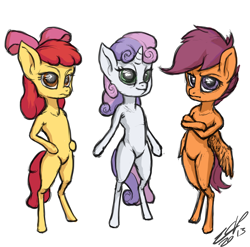 Size: 900x890 | Tagged: safe, artist:assasinmonkey, imported from derpibooru, apple bloom, scootaloo, sweetie belle, earth pony, pegasus, semi-anthro, unicorn, cutie mark crusaders, female, filly