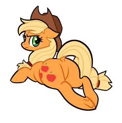 Size: 661x670 | Tagged: safe, artist:melligine, imported from derpibooru, applejack, earth pony, pony, applebutt, applejack is not amused, applejack's hat, butt, cowboy hat, dock, featureless crotch, floppy ears, frown, hat, looking at you, looking back, looking back at you, lying down, plot, prone, simple background, solo, transparent background, unamused, underhoof