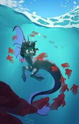 Size: 1600x2500 | Tagged: safe, artist:joan-grace, imported from derpibooru, fish, pony, siren, bubble, commission, curved horn, fins, fish tail, horn, kellin quinn, male, ponified, scales, signature, sleeping with sirens, slit eyes, slit pupils, solo, underwater, ych result