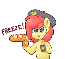 Size: 4000x3343 | Tagged: safe, artist:yelowcrom, imported from derpibooru, oc, oc only, oc:brushie, earth pony, pony, baguette, beanbrows, bipedal, bread, clothes, ear fluff, eyebrows, eyebrows visible through hair, female, food, mare, simple background, solo, text, white background