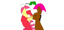 Size: 1520x720 | Tagged: safe, imported from derpibooru, apple bloom, oc, oc:ladainian otis, blushing, canon x oc, clothes, eyes closed, female, hat, holly, holly mistaken for mistletoe, kissing, ladainianbloom, male, mistletoe, scarf, shipping, shocked eyes, straight