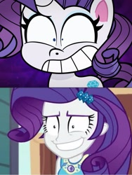 Size: 1717x2289 | Tagged: safe, edit, imported from derpibooru, screencap, rarity, pony, unicorn, bad thing no. 3, equestria girls, equestria girls series, my little pony: pony life, rollercoaster of friendship, spoiler:pony life s01e05, comparison, crazy face, faic, female, g4.5, geode of shielding, grin, insanity, magical geodes, mare, pony life, pony life interpretation, same energy, smiling, solo