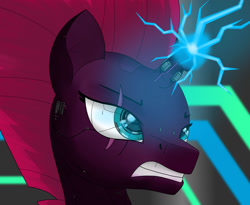 Size: 1280x1048 | Tagged: safe, artist:zocidem, imported from derpibooru, tempest shadow, pony, unicorn, augmented, cannon, charging, cyberpunk, eye scar, gritted teeth, horn, lightning, magic, magic weapon, scar, solo, tempest gets her horn back