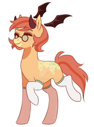 Size: 1024x1378 | Tagged: safe, artist:lynesssan, imported from derpibooru, oc, oc only, oc:soda pop, earth pony, pony, bat wings, clothes, female, floating wings, glasses, horns, mare, simple background, socks, solo, transparent background, wings