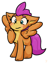 Size: 662x863 | Tagged: safe, artist:zutcha, imported from derpibooru, smolder, pegasus, pony, blue eyes, colored ears, cute, dragon to pony, eyebrows, eyelashes, female, not scootaloo, pale belly, ponified, ponified smolder, pony smolder, signature, simple background, smolderbetes, solo, species swap, standing, transparent background, white background