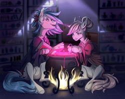 Size: 2633x2087 | Tagged: safe, artist:1an1, imported from derpibooru, nurse redheart, oc, oc only, oc:clairvoyance, earth pony, pony, blackletter, book, cauldron, clothes, cutie mark, duo, fire, high res, open mouth, sitting, stirring, teeth