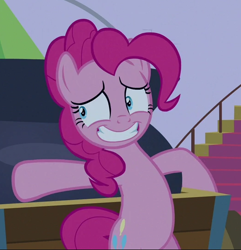 Size: 524x543 | Tagged: safe, imported from derpibooru, screencap, pinkie pie, earth pony, pony, the summer sun setback, bipedal, cropped, grin, nervous, nervous grin, smiling, solo