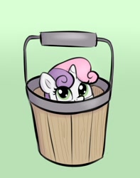 Size: 1492x1892 | Tagged: safe, artist:heretichesh, imported from derpibooru, sweetie belle, pony, unicorn, bucket, cute, diasweetes, female, filly, green background, silly, silly pony, simple background, solo, soon