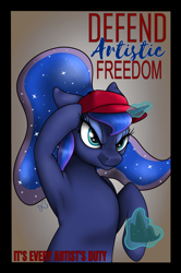 Size: 4567x6876 | Tagged: safe, alternate version, artist:xchan, imported from ponybooru, princess luna, alicorn, pony, art pack:marenheit 451, absurd resolution, armpits, hat, levitation, magic, poster, simple background, smiling, smirk, telekinesis, text