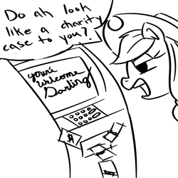 Size: 3000x3000 | Tagged: safe, applejack, earth pony, pony, angry, atm, florida man, hat, money, monochrome, open mouth, simple background, speech bubble, yelling