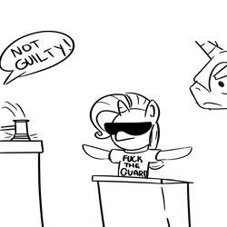 Size: 3000x3000 | Tagged: safe, rarity, pony, unicorn, clothes, court, florida man, gavel, monochrome, not guilty, royal guard, shirt, simple background, speech bubble, sunglasses