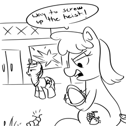 Size: 3000x3000 | Tagged: safe, berry punch, berryshine, caterpillar, earth pony, pony, angry, broken window, florida man, hoofcuffed, monochrome, open mouth, police, police officer, ponice, robbery, simple background, speech bubble, talking, window