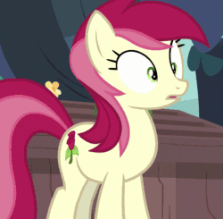 Size: 551x540 | Tagged: safe, screencap, roseluck, pony, it isn't the mane thing about you, animated, background pony, female, gif, happy, raised hoof, suprised look, talking