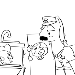 Size: 3000x3000 | Tagged: safe, spike, trixie, pony, unicorn, facial hair, florida man, hat, monochrome, moustache, police, police officer, ponice, sink, smiling, toilet