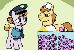 Size: 1002x678 | Tagged: safe, copper top, donut joe, earth pony, pony, unicorn, angry, bits, donut, florida man, food, hat, mistake, money, police, police officer, ponice, simple background, smiling