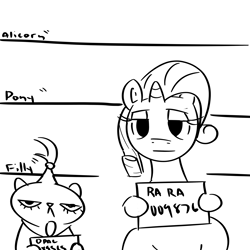 Size: 3000x3000 | Tagged: safe, opalescence, rarity, cat, pony, unicorn, florida man, frown, monochrome, mug shot