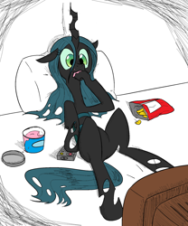 Size: 1500x1800 | Tagged: safe, artist:flowersimh, queen chrysalis, changeling, changeling queen, chips, eating, female, food, ice cream, messy, pillow, remote, solo, television