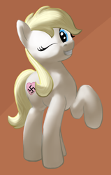 Size: 642x1011 | Tagged: safe, artist:anonymous, oc, oc only, oc:aryanne, earth pony, pony, art pack:marenheit 451, earth pony oc, female, mare, nazi, nazipone, one eye closed, raised hoof, simple background, smiling, solo, swastika, wink