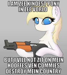 Size: 1600x1800 | Tagged: artist needed, safe, oc, oc only, oc:aryanne, earth pony, pony, art pack:marenheit 451, accent, chest fluff, ear fluff, earth pony oc, eye clipping through hair, female, gray background, gun, mare, nazi, rifle, simple background, solo, text, weapon