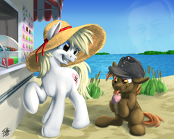 Size: 2500x2000 | Tagged: safe, alternate version, artist:potes, button mash, oc, oc:aryanne, earth pony, human, pony, art pack:marenheit 451, colt, earth pony oc, female, floppy ears, food, hat, ice cream, lake, licking, male, mare, nazi, nazipone, raised hoof, signature, sitting, smiling, sun hat, swastika, tongue out, water