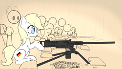 Size: 1371x778 | Tagged: safe, artist:czu, oc, oc only, oc:aryanne, earth pony, pony, art pack:marenheit 451, bullet casing, earth pony oc, eye clipping through hair, female, gun, hoof hold, m2 browning, machine gun, mare, nazi, sitting, weapon