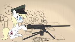 Size: 3998x2270 | Tagged: safe, artist:czu, oc, oc only, oc:aryanne, earth pony, pony, art pack:marenheit 451, bullet casing, earth pony oc, eye clipping through hair, female, gun, hat, hoof hold, m2 browning, machine gun, mare, nazi, nazipone, sitting, swastika, weapon