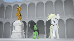 Size: 1920x1080 | Tagged: artist needed, safe, alternate version, oc, oc only, oc:aryanne, oc:filly anon, earth pony, pony, art pack:marenheit 451, 3d, duo, earth pony oc, female, filly, looking at each other, mare, nazi, nazipone, open mouth, raised hoof, statue, swastika