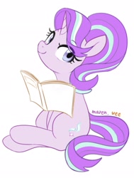 Size: 1551x2048 | Tagged: safe, artist:veeayydee, imported from derpibooru, starlight glimmer, pony, unicorn, book, simple background, sitting, solo, white background