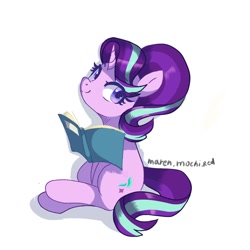Size: 1280x1280 | Tagged: safe, artist:candy_5756, artist:maren, imported from derpibooru, starlight glimmer, pony, unicorn, book, simple background, sitting, solo, white background