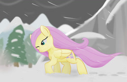 Size: 1280x832 | Tagged: safe, artist:sylphanscribe, imported from derpibooru, fluttershy, earth pony, pegasus, pony, blizzard, one eye closed, snow, snowfall, solo, windswept mane